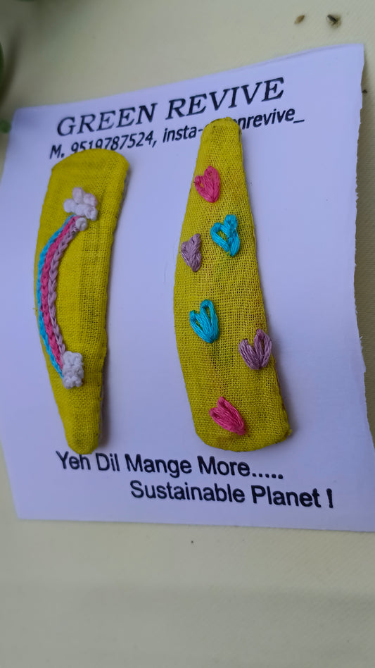 Rainbow & Hearts Set || Upcycled Embroidered Hair Clips