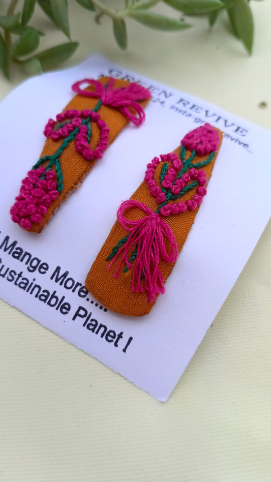 Floral Bloom Set || Hand-Embroidered Upcycled Hair Clips