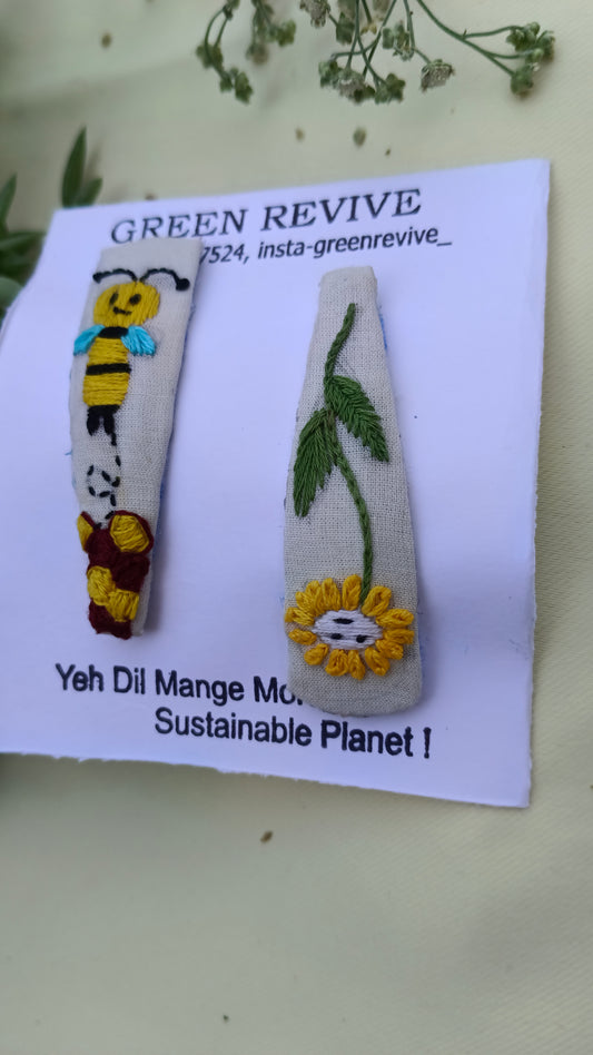 🐝 Buzz & Bloom – Upcycled Embroidered Hair Clips