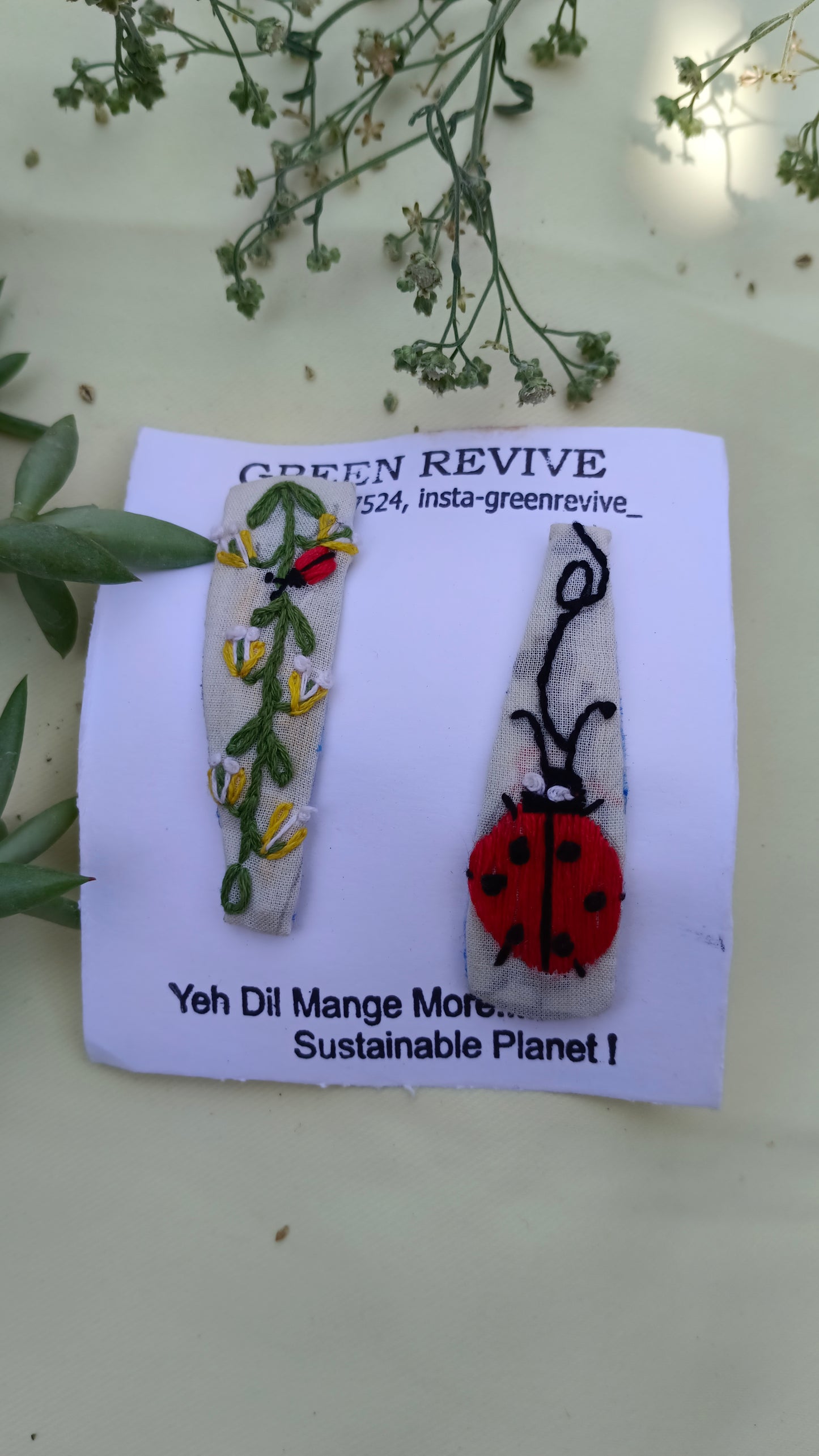 Ladybug Garden – Upcycled Embroidered Hair Clip Set